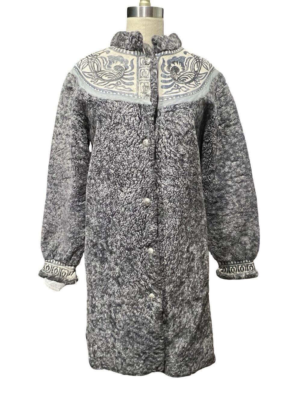 Vtg L. Johnsen Oslo Norway Gray Persian Lamb Fur Coat w/ Handpainted Suede Yoke